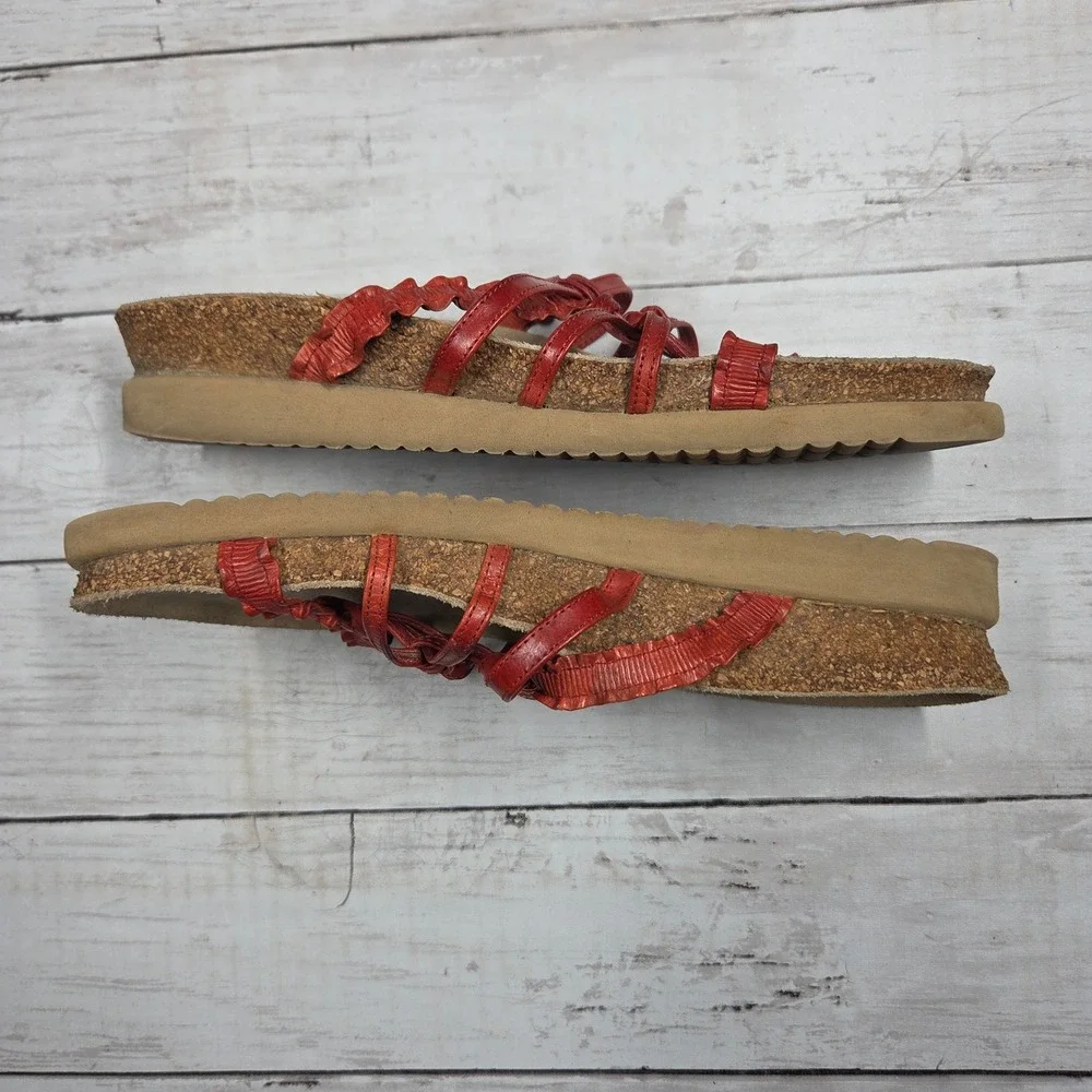 Mephisto Strappy Ruffle Leather Cork Footbed Sandals Womens 39 Red France